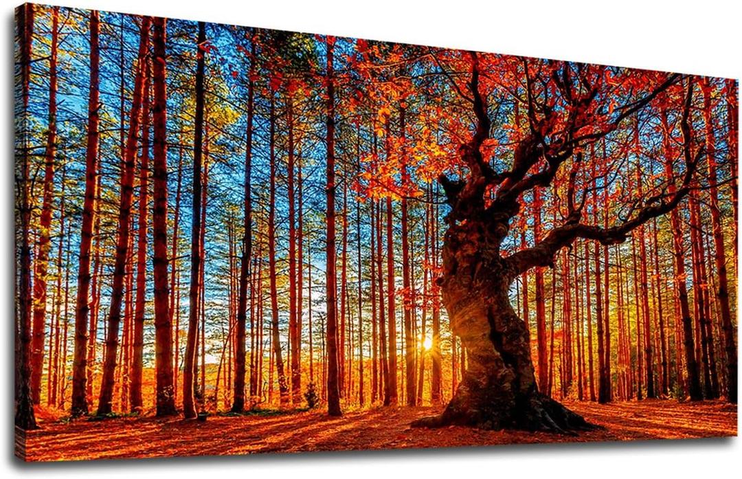 Large Forest Wall Art Forest Sunset Canvas Pictures Red Leaf Trees Landscape Canvas Artwork Contemporary Nature Picture for Living Room Bedroom Home Office Wall Decor Framed Ready to Hang 20" x 40"