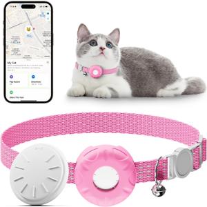 Cat GPS Tracker for Cats, Waterproof Pet GPS Tracker, Compatible with Apple Find My App (Only iOS), No Monthly Fee (White Tracker, Pink Cat Collar)-2025091601