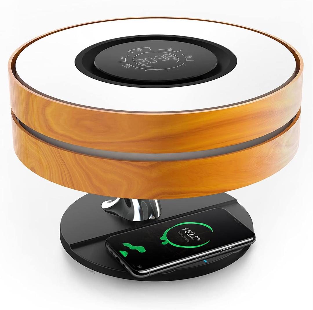 AMPULLA Masdio Horizon Bedside Lamp with 10W Wireless Charger and Bluetooth Speaker, Night Lamp Ambient Lamp with Digital Clock, Stepless Dimming and Sleep Mode for Nightstand (Wooden)