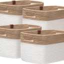 UBBCARE 4 Pack Baskets for Organizing, Woven Storage Baskets with Label for Toys and Towel, Rectangle Cotton Rope Basket with Handles, 14''L x9''W x8''H, Jute&White