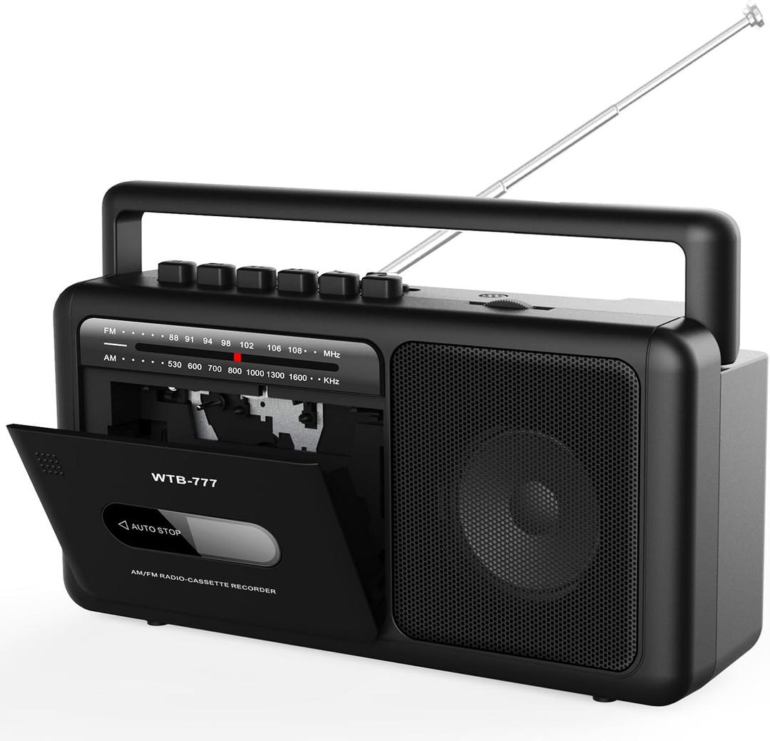 WTB-777 Portable Cassette Player Boombox, AM/FM Radio Stereo with Bluetooth, USB, Recorder, Earphone Jack, DC/AC Powered, Cassette Tape Recorder