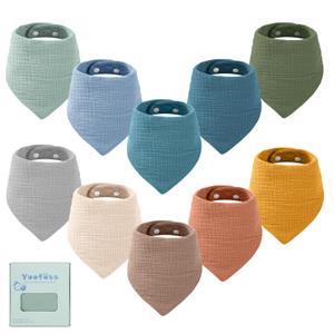 Yoofoss Muslin Baby Bibs 10 Pack 100% Organic Cotton 6-Layer Soft Absorbent Drool Bandana Baby Bibs for Drooling and Teething for Boys and Girls, Beige & Blue