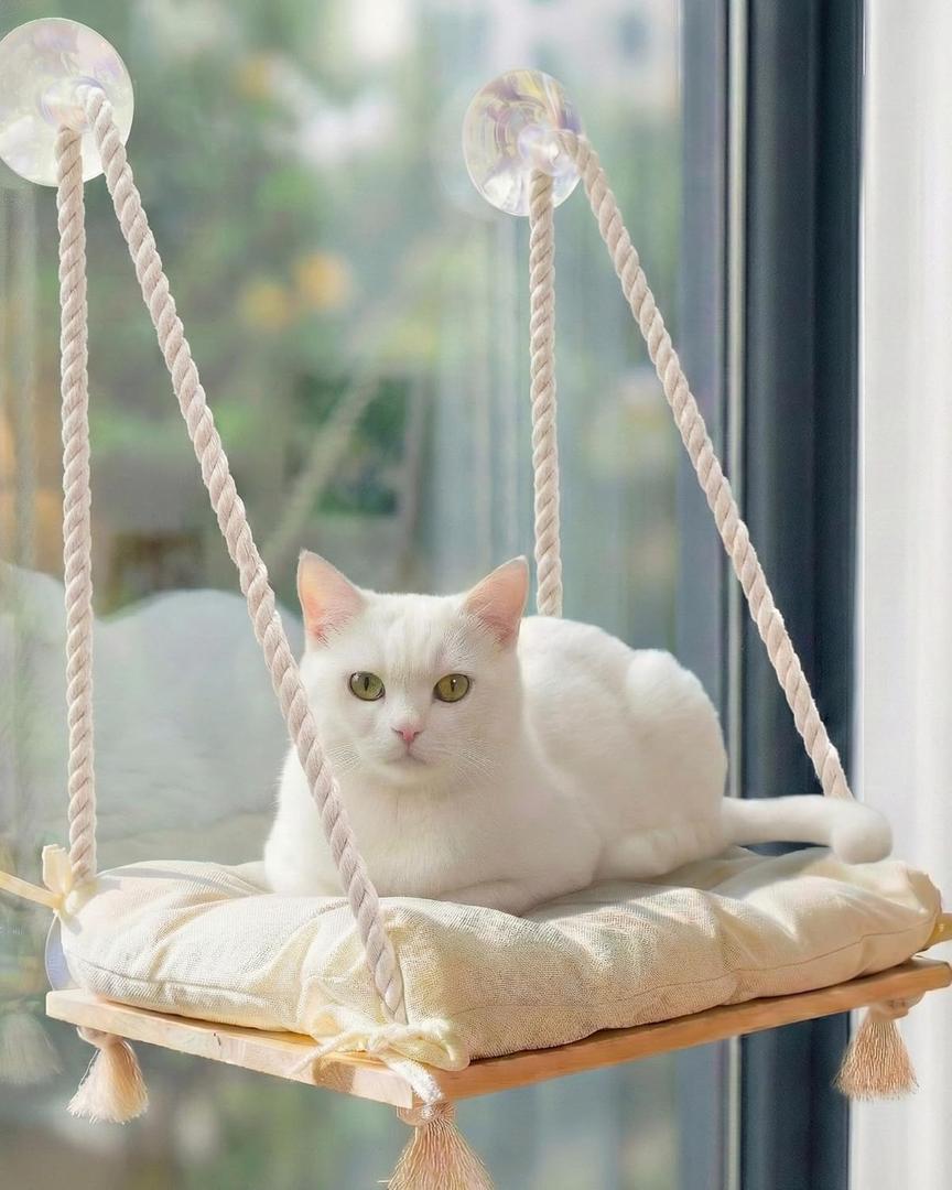 Cat Window Perch with Industrial-Grade Suction Cups - Solid Pine Wood Hammock Bed, Soft Cushion - 42 lb Capacity for Cats Inside (Medium, Beige)