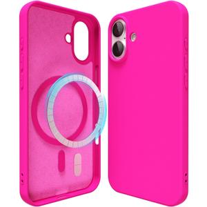 oakxco Silicone Case for iPhone 16 Plus Case Magnetic, Compatible with Magsafe Wireless Charging, Slim Thin Soft Rubber, Girly Cute Bright Hard Mag Safe Cover for Women, Fluorescent Neon Hot Pink