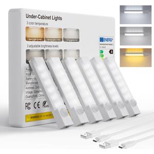 Under Cabinet Lighting 4 Inches Rechargeable Motion Sensor Light Indoor, 3 Color Dimmable Closet Light Battery Operated, USB Stick on LED Magnetic Under Counter Lights for Kitchen Stair, 6 Packs
