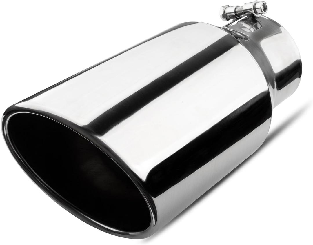 4 inch Inlet Exhaust Tip, 6" Outlet 12" Overall Length Stainless Steel Exhaust Tail Pipe, Bolt-On, Rolled Edge, Slant Sleek Angle Cut, Polished Tailpipe, Silvery