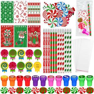 Cinrobiye 194 PCS Christmas Candy School Stationery Set Xmas Classrooms Exchange Stationery Party Favors Class Reward Prizes Notebooks Pencils Sharpener Erasers Stickers Stamps(Candy)