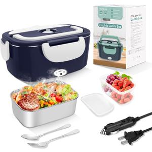 Electric Heated Lunch Boxes Adults: 80W Electric Lunch Box Food Heated 12/24/110V 1.5L Heatable Lunch Box for Car/Truck/Office Leak-Proof Stainless Steel Container, Fork & Spoon, Bag (Blue+White)