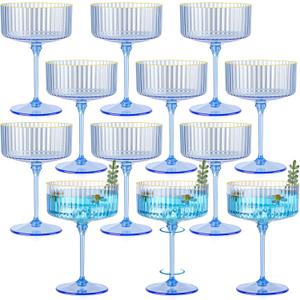 12 PCS Plastic Champagne Coupe Cup Ocean Blue Ribbed Coupe Glasses 10oz Detachable Gold Rim Espresso Martini Glass Vintage Margarita Glassware Cocktail Glass Set for Baby Shower Hanukkah