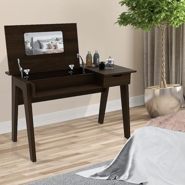 Dressing Table with Flip Mirror and Storage Drawer - Color: Brown