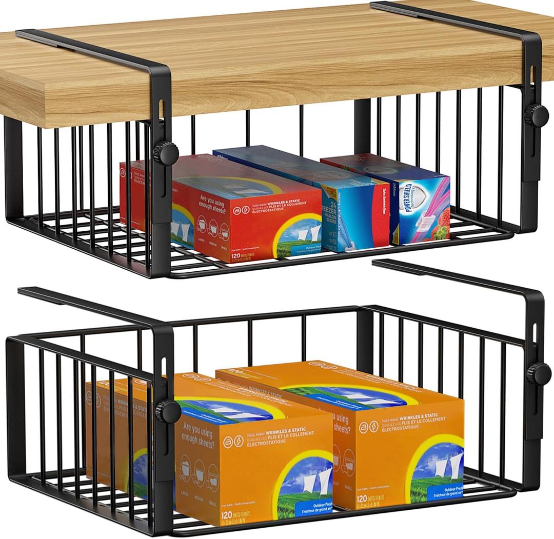 Amon Houseware 2 Pack Under Shelf Basket Organizer, Adjustable Hanging Holder Storage for Cabinet Pantry Kitchen Cupboard Desk Counter Bookshelf Organization Add-on Space Saver Heavy Duty Slide-in, Black (Large)