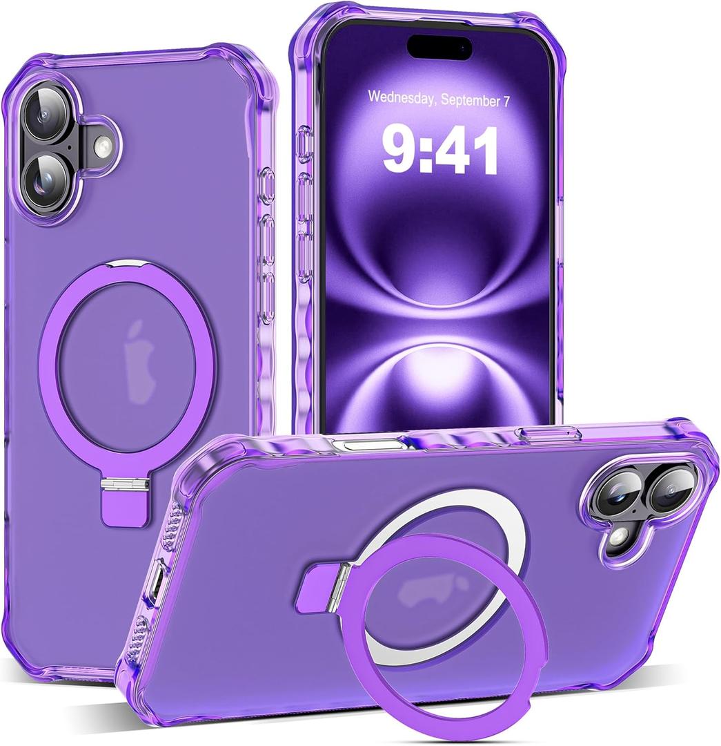 for iPhone 16 Case with Magnetic Invisible Stand [Compatible with Mag-Safe] [Military Drop Tested] Translucent Matte 16 Cover with Good Grip Curly Wave Edge for Women 6.1'', Purple
