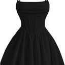 SHENHE Women's Ruched Corset Dress Spaghetti Strap Fit and Flare Flowy Skater Mini Cami Dress (Large, Black)