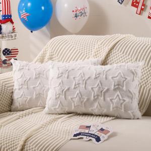 DFXSZ 4th of July Pillow Covers 12x20 inch Set of 2 4th of July Decor White Stars Decoration White Soft Plush Faux Fur Jacquard Throw Pillows Independence Day Decorations for Home Sofa PTK028C12
