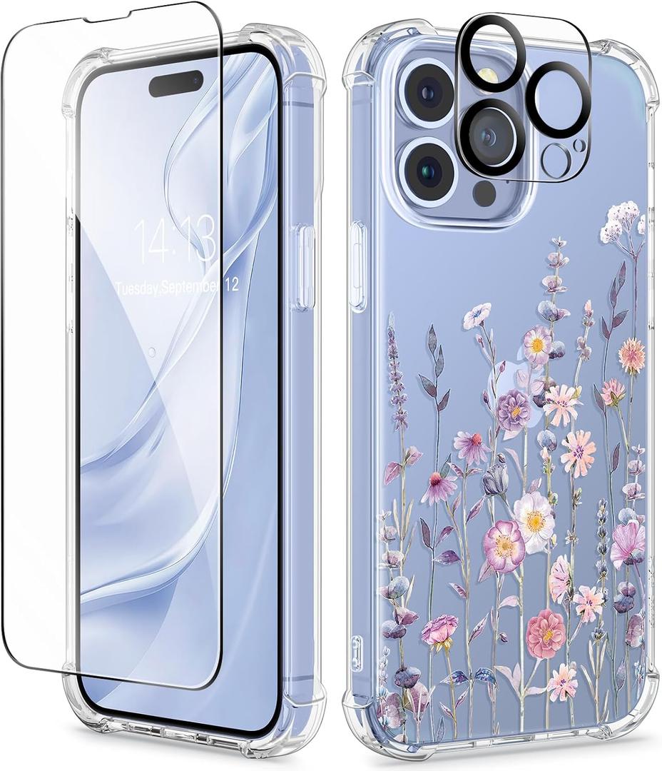 GVIEWIN for iPhone 13 Pro Case Floral, with Screen Protector&Camera Lens Protector,[Non Yellowing] Soft Shockproof Clear Phone Protective Cover for Women, Flower Pattern Design 6.1" (Floratopia)