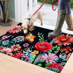 Likiyol Door Mat Floral Door Mats Colorful Flowers Doormat Outdoor Entrance, Non Slip Welcome Mat with Rubber Backing for Front Door, Entryway, Low Profile, Absorbent, 18'' x 30'', Black