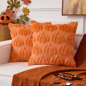 UGASA Fall Pumpkins Pillow Covers 20x20 Inch 2 Packs Soft Plush Faux Wool Fur Pillowcases Throw Pillows Autumn Halloween Home Decor for Couch Sofa Chair Bed, Orange