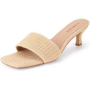 Raffia Mule Sandals for Women Square Toe Slip On Kitten Heels Woven Heeled Slides for Summer Dress and Vacation (9.5, Beige)