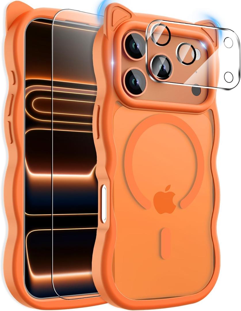 3 in 1 Magnetic for iPhone 17 Pro Max Case for Women Girls,1X Screen Protector+1X Camera Lens Protector,Compatible with MagSafe,Translucent Matte,Cute Cat-ear Wavy Phone Case,6.9",Bright Orange