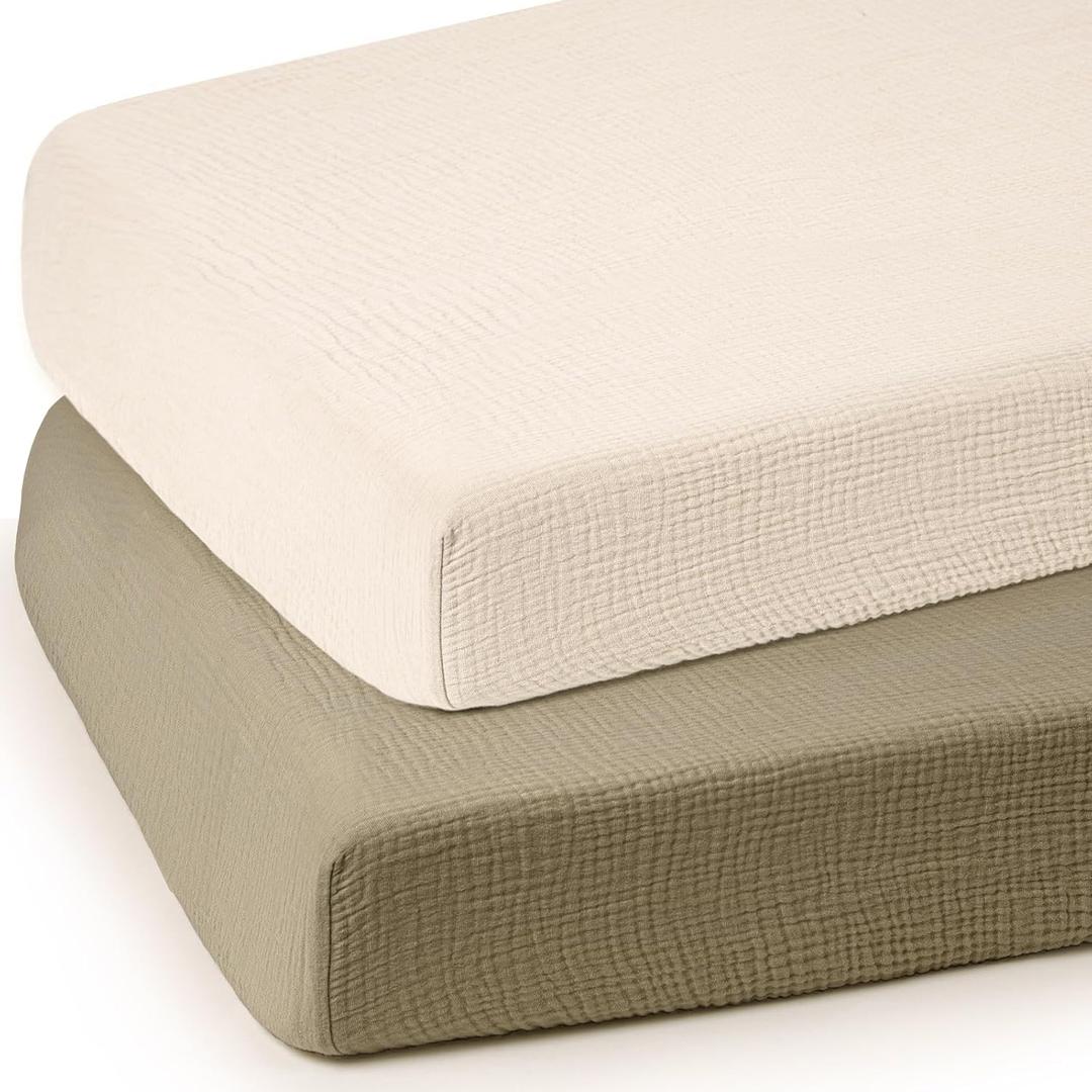 Lulumoon Mini Crib Sheets Muslin: Soft Cotton Fitted Mini Crib Mattress Sheets for Boys and Girls 2Pack (Olive & Cream)