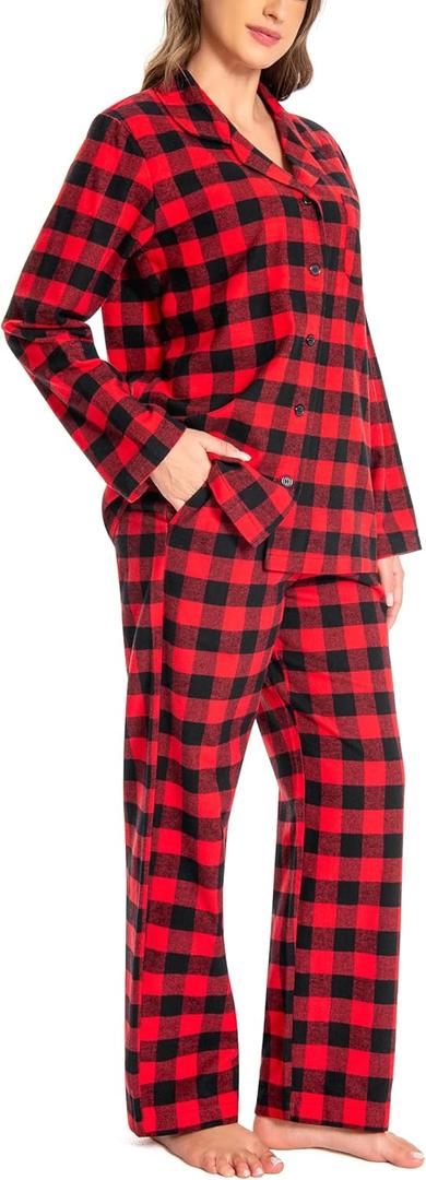 Nutria Womens Flannel Pajamas Set 100% Cotton Sleepwear Long Sleeve Button Down Nightwear Pants Pjs Loungewear Top&Bottom D06 (Large, Red Buffalo Plaid)