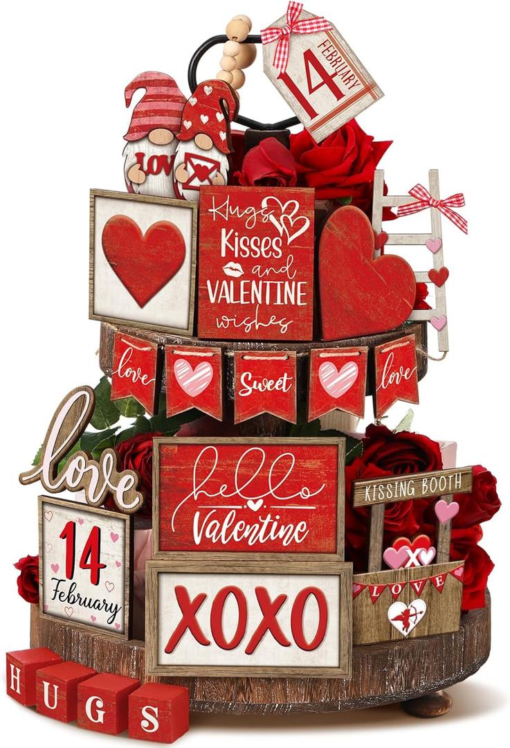 24 Pcs Vintage Farmhouse Valentine's Day Tiered Tray Decor Set Heart Wooden Valentine Table Centerpieces Love Heart XOXO Wooden Signs for Home Decor