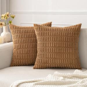 MIULEE Pack of 2 Corduroy Decorative Throw Pillow Covers 16x16 Inch Soft Boho Striped Pillow Covers Modern Farmhouse Home Decor for Sofa Living Room Couch Bed Brown