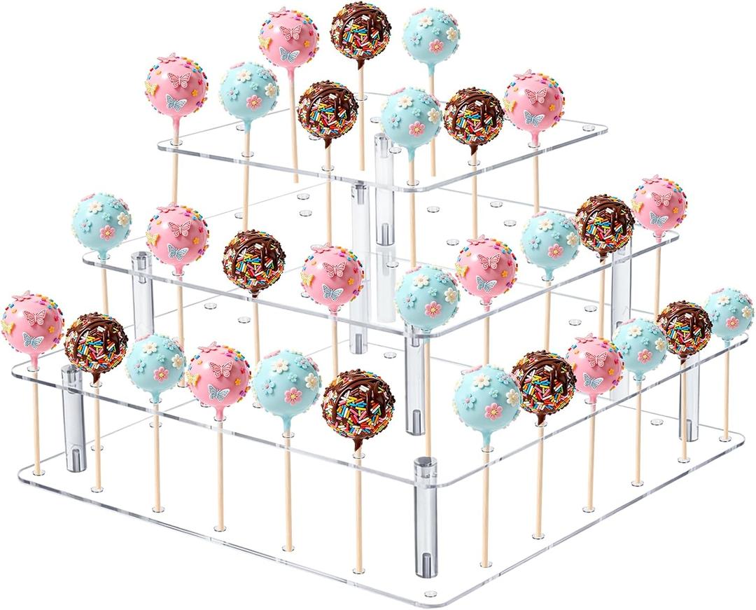 Cake Pop Stand, 56 Holes 3 Tier Clear Acrylic Lollipop Holder, Square Cake Pop Display Stand, Dessert Decorative Square Cakepop Holder for Wedding, Party Decorating, Anniversaries, Birthday Parties