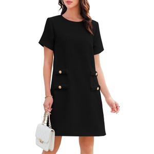 Wenrine Women's Tweed Mini Dress Short Sleeve Crew Neck Work Office Elagant Formal Summer A Line Dresses (Large, Black)