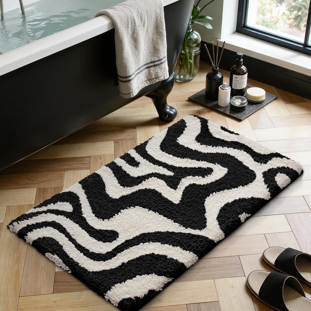 LUMI Non Slip Bathroom Rug Modern Aesthetic, Ultra Soft Absorbent Washable Bath Mats, Quick Dry Premium Floor Rugs for Shower, Tub, Black and White, 20x32