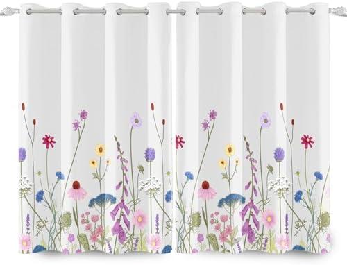 Renaiss Wild Flowers Decorative Window Curtains Grey White Spring Garden Window Treatments Pink Purple Blue White Floral Blackout Drapes for Bedroom Game Living Room Decoration 53x84 Inches 1 Pc