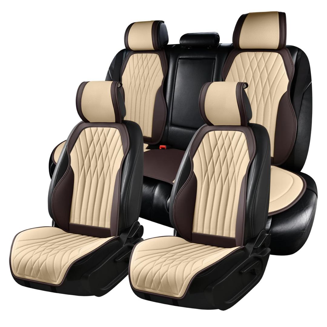 BWTJF Car Seat Covers, Front and Rear Seat Protector for Cars Waterproof Non-Slip, Leather Seat Protector Universal Fit for Suvs,Vans,Trucks (Brown&Beige, Full Set)