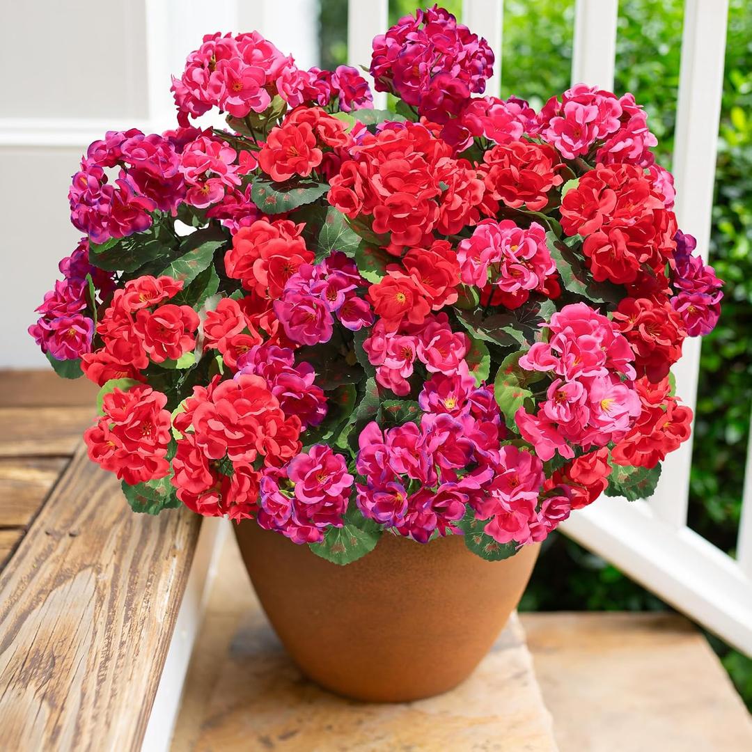 Artificial Geranium Fake Flowers for Outdoors Decoration, 6 Bundles Silk Geraniums Flower UV Resistant Look Real Faux Plants for Front Door Garden Porch Planter Patio Balcony Yard Indoor Home, Mix