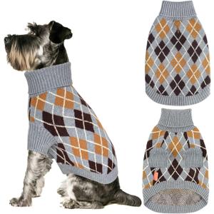 KYEESE Diamond Plaid Dog Sweater With Long Sleeve Turtleneck for Small Dogs - Thick Warm Clothes, Gray, Medium
