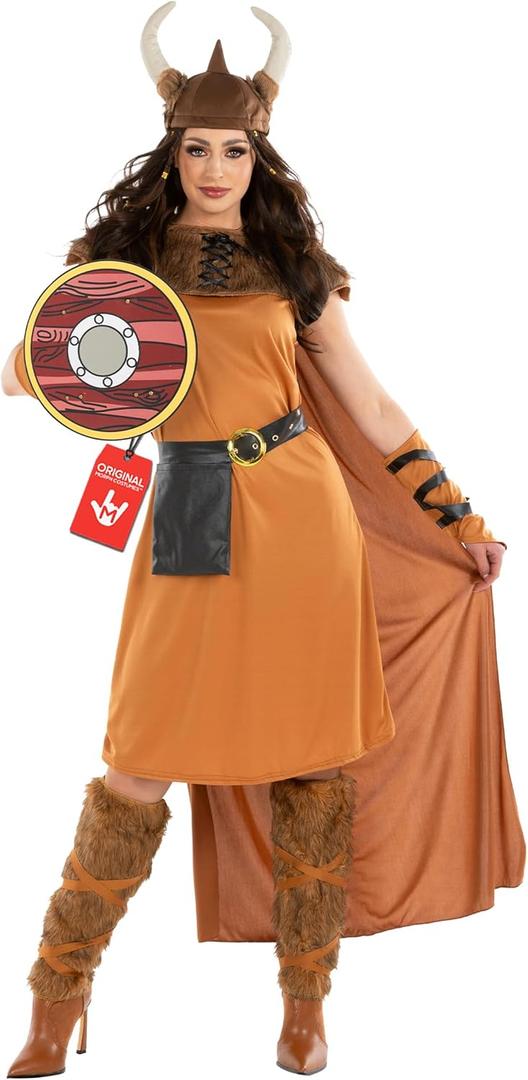 fun shack Adult Viking Costume Women Warrior, Medieval Barbarian Outfit for Women, Historical Warrior Dress (Small, Brown)