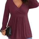 POSESHE Womens Plus Size Long Sleeves Tops 2025 Fall Winter Tunic Tops Casual V-Neck Wrap Shirts Dressy Work Blouses L-4XL (Wine Red)