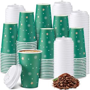 100 Set Christmas Paper Coffee Cups with Lids 12oz Winter Snowflake Green Disposable Paper Cups for Hot Chocolate Cold Drinks, Xmas Holiday Winter Party Supplies Decorations