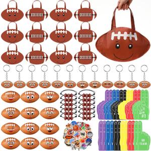 Maxdot 122 Pcs Football Party Favors Set Serve 12 Football Non Woven Goodie Bags Mini Face Stress Foam Finger Ball Keychain Bracelet Stickers bags for Kids Sports Birthday Party Supplies Gifts