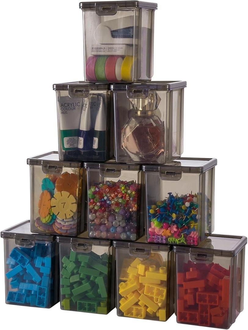 10 Pack Small Storage Bins with Lids, Stackable Plastic Organizer Boxes for Crafts, Jewelry & Beads, Office Supplies - 3.54x3.54x4.53 Inch – Black Square Medium