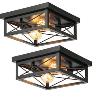 Kondras 2-Light Industrial Square Flush Mount Ceiling Light, Farmhouse Ceiling Light Fixture for Kitchen, Modern Black Close to Ceiling Light for Hallway Bedroom Balcony Porch Stairway, E26, 2-Pack