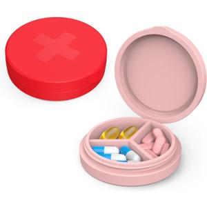 3 x 2 Pack Small Pill Box,Premium Thick Silicone 3 Compartment Travel Pill Box for Home/Desk Organizer, Portable Compact Medicine Holder for Vitamin, Cod Liver Oil, Supplement(Red+Pink)