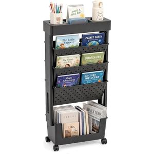 BYFU 5-Tier Movable Bookshelf Cart, Rolling File Paper Storage Organizer Mobile Bookcase with Wheels for Home Office Study Classroom, Black