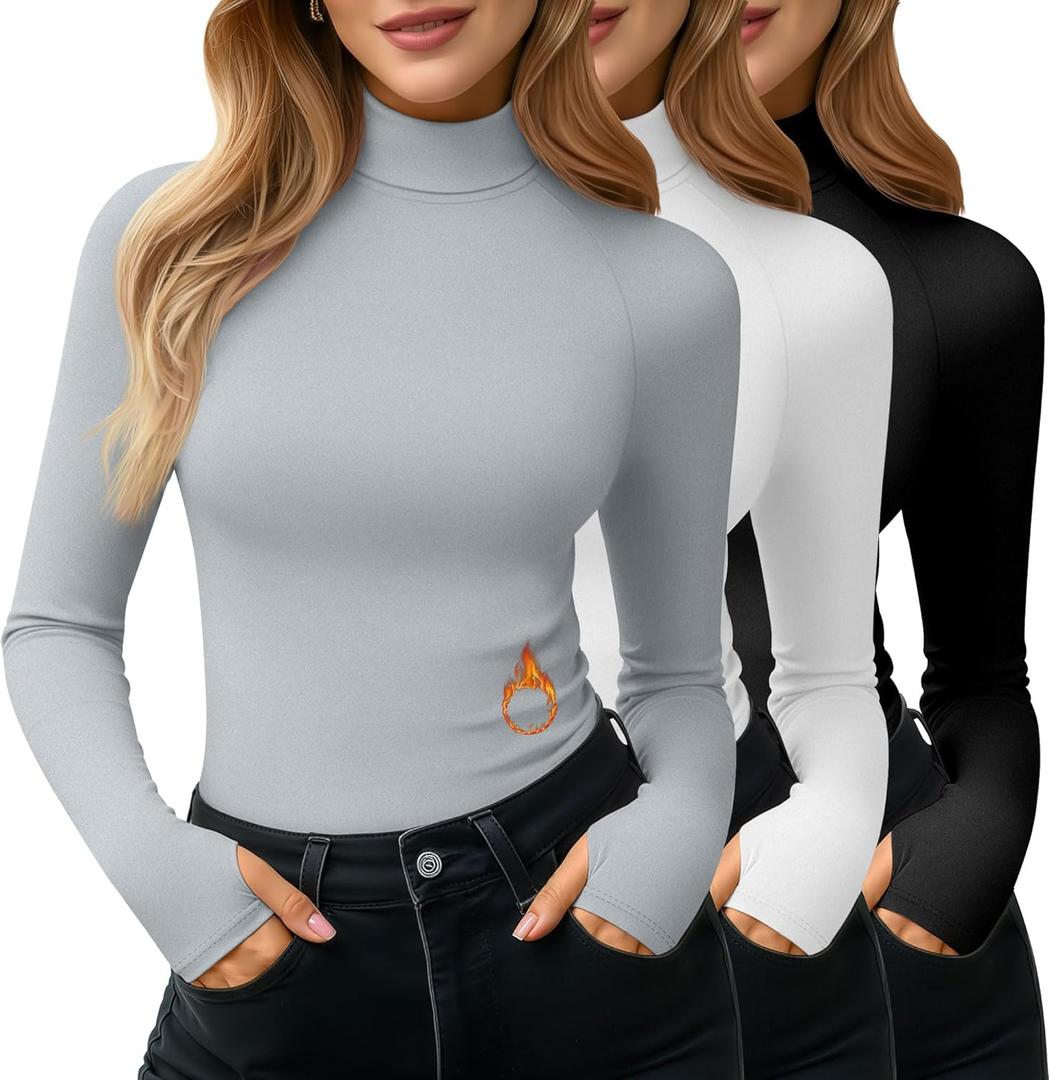 3 Pack Women's Turtleneck Shirts Long Sleeve Slim Fit Thermal Underwear Tops Mock Neck Base Layer with Thumb Holes (Black, Light Gray, White)