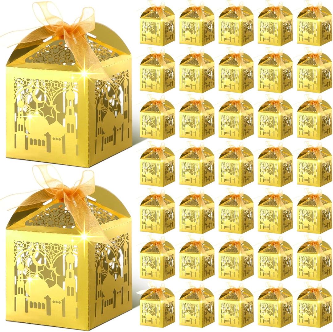 ReliThick 50 Pcs Ramadan Eid Mubarak Candy Box Set Ramadan Gift Boxes with Ribbons Muslim Party Favor Boxes Paper Thank You Gift Box for Eid Islamic Party Birthday Decorations(Castle)