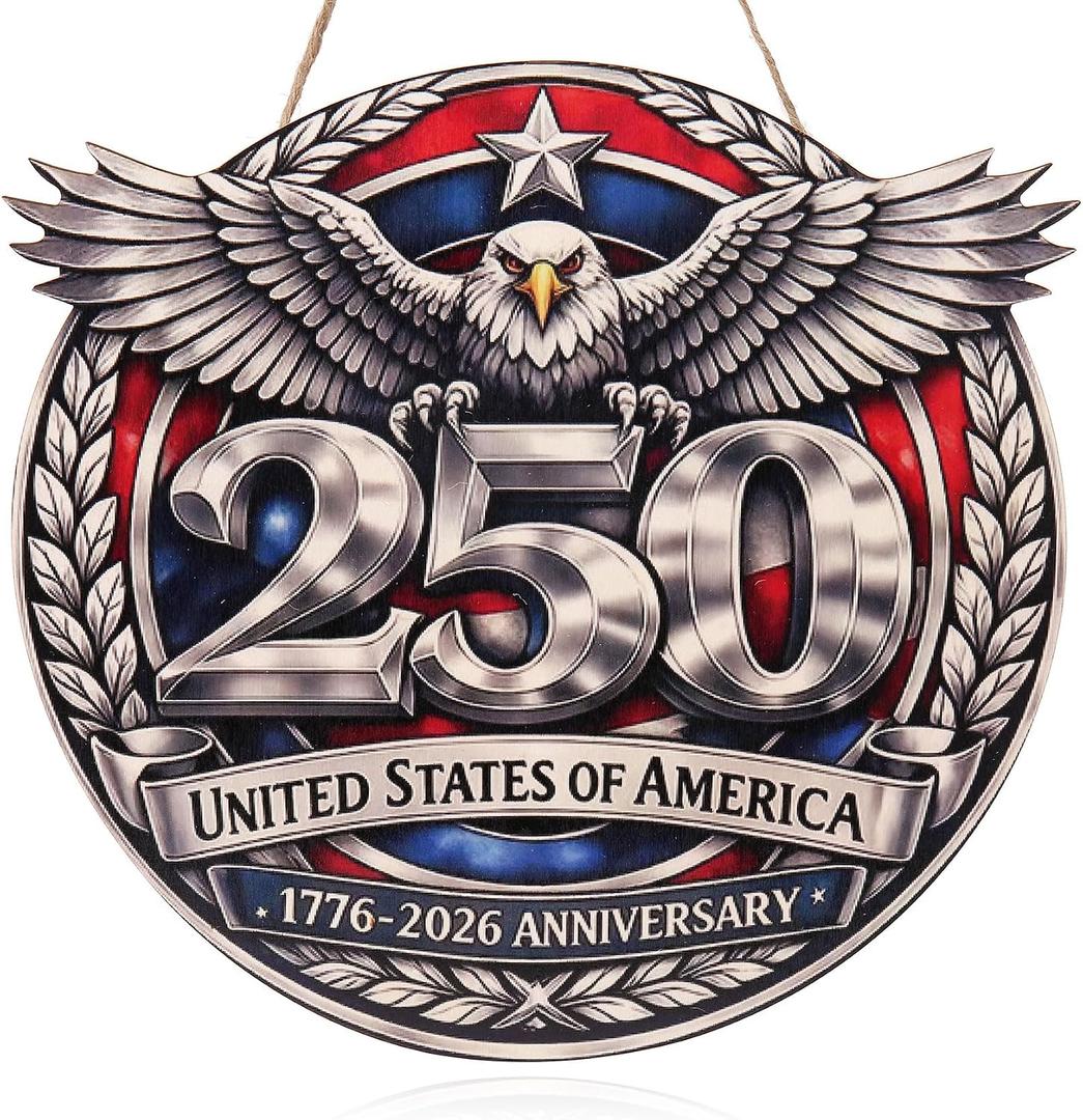 4 x Spiritlele 250th Anniversary USA Door Sign Silver Eagle Wooden Patriotic Wreath Hanging Plaque 4th of July Indoor Decoration for Front Door Home Office Celebration Gift
