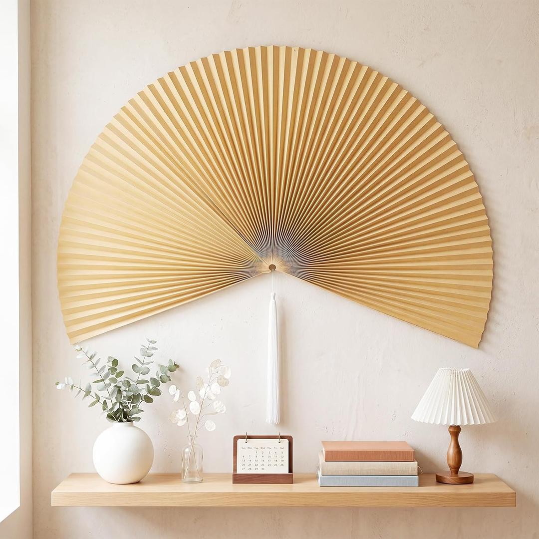 Yalikop 1 Pc 60" Boho Wall Fan Decor, Oversized Paper Fan, Japanese Asian Wall Art, Farmhouse Decor for Bedroom, Living Room(Beige)