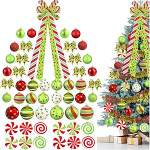 Christmas Tree Decorations Set,Christmas Ball Ornaments Glittering Plastic Hanging Decorations Elf Balls,Large Tree Topper Wreath Bow,Candy Peppermint Wood Ornaments (Red and Lime Green)