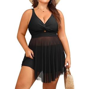 SOTHEA Womens Plus Size Mesh Swim Dress Cutout Swimsuit 2 Piece Tankini Flowy Bathing Suit with High Waisted Boyshorts, Size: 22W SOTHEA Womens Plus Size Mesh Swim Dress Cutout Swimsuit 2 Piece Tankini Flowy Bathing Suit with High Waisted Boyshorts, Size: 22W