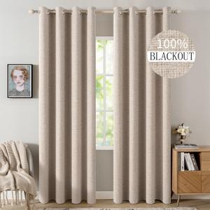 MIULEE 100% Blackout Linen Textured Curtains for Bedroom Solid Thermal Insulated Natural Beige Grommet Room Darkening Curtains & Drapes Luxury Decor for Living Room Nursery 52 x 96 Inch (2 Panels)