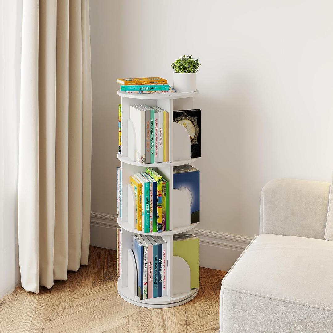 3 Tier Rotating Bookshelf, 360 Display Spinning Bookcase, Corner Bookshelf, Floor Standing Revolving Bookcase Storage Rack, Narrow Book Shelf Organizer for Small Space, Bedroom, Office, White